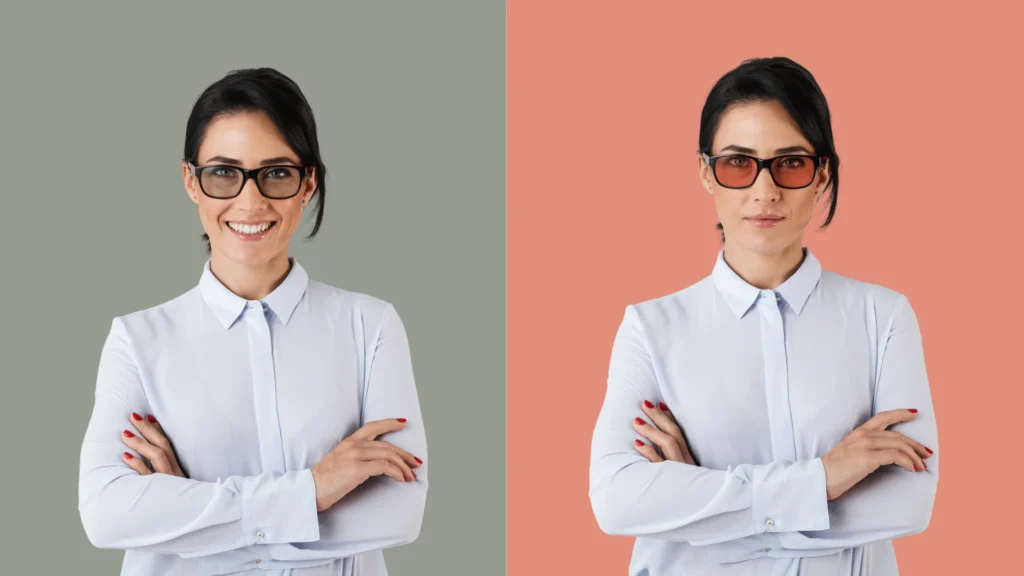 One woman smiling wearing Avulux Migraine Lenses and one woman wearing generic FL-41 lenses.